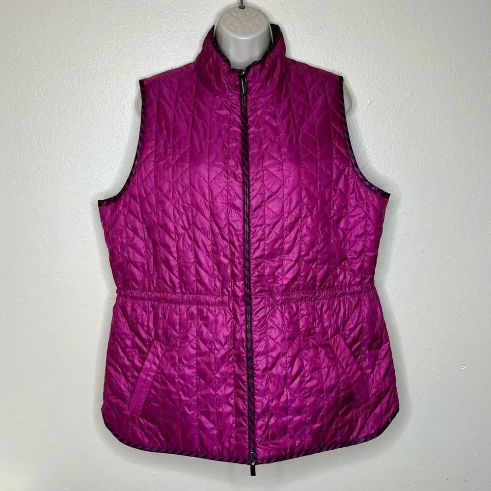 Chicos Zenergy Reversible Quilted Vest Berry Black Stripe Women Large Sleeveless